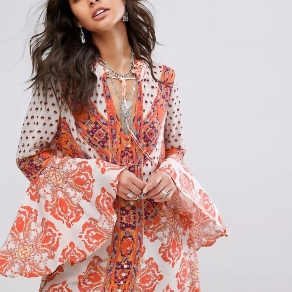 ✨️FREE PEOPLE✨️Flowy Magic Mystery Tunic Mini Dress Size Medium in Orange - Picture 4 of 13